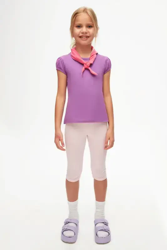 Light Purple Basic Girls Crew Neck Watermelon Sleeve T-Shirt-VIOLET - LOVETTI