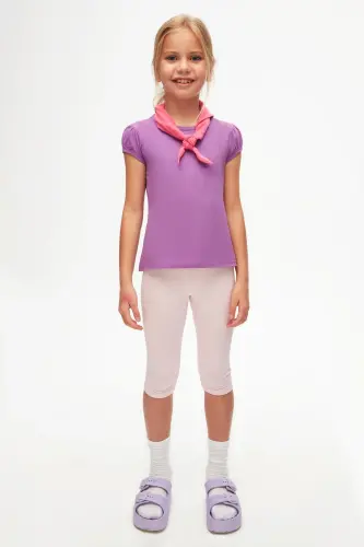 Light Purple Basic Girls Crew Neck Watermelon Sleeve T-Shirt-VIOLET 
