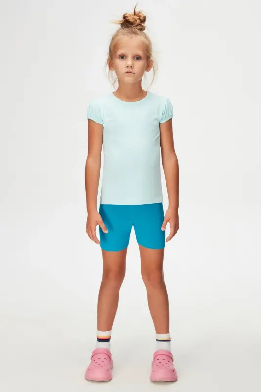 Light Turquoise Basic Girl's Crew Neck Watermelon Sleeve T-Shirt-BRIGHT TURQUOISE - 1