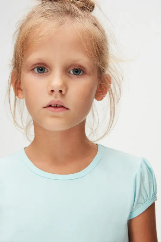 Light Turquoise Basic Girl's Crew Neck Watermelon Sleeve T-Shirt-BRIGHT TURQUOISE - 3