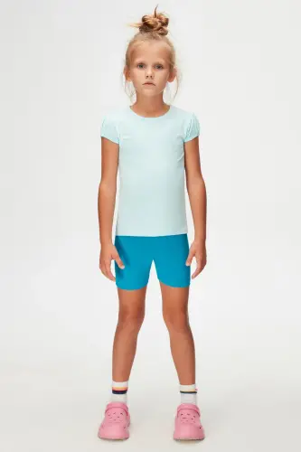 Light Turquoise Basic Girl's Crew Neck Watermelon Sleeve T-Shirt-BRIGHT TURQUOISE 