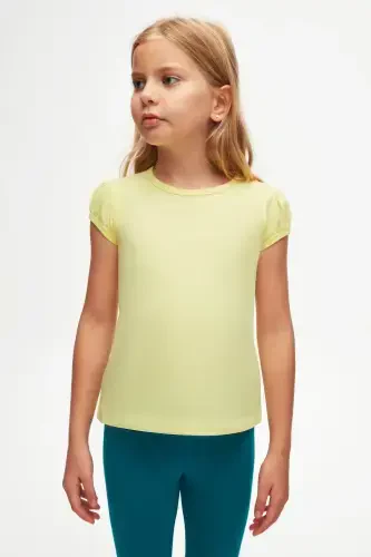 Light Yellow Basic Girls' Crew Neck Watermelon Sleeve T-shirt-IRIS YELLOW - LOVETTI (1)