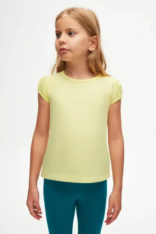 Light Yellow Basic Girls' Crew Neck Watermelon Sleeve T-shirt-IRIS YELLOW - 2