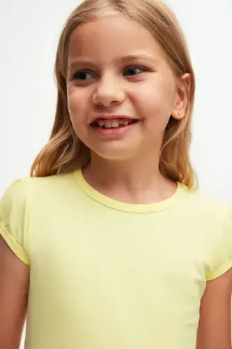 Light Yellow Basic Girls' Crew Neck Watermelon Sleeve T-shirt-IRIS YELLOW - 3