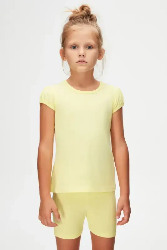 Light Yellow Basic Girls' Crew Neck Watermelon Sleeve T-shirt-IRIS YELLOW - 6