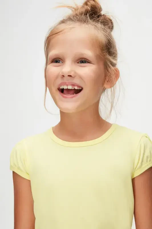 Light Yellow Basic Girls' Crew Neck Watermelon Sleeve T-shirt-IRIS YELLOW - 7