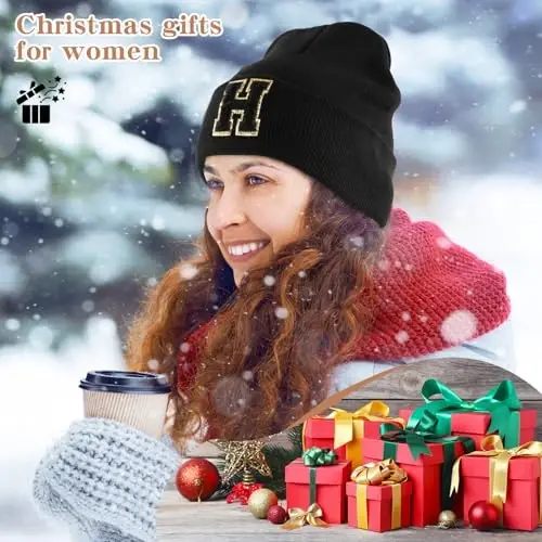Lightbird Initial.s Ayollar va o'smir qizlar uchun shapka, Qishki qora shapka, Ayollar uchun shaxsiy sovg'alar - 5