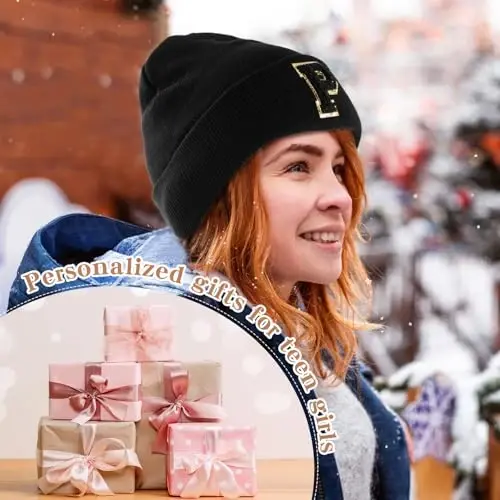 Lightbird Initial.s Beanie for Women and Teen Girls, Winter Black Beanie Hat, Personalized Gifts for Women - 5