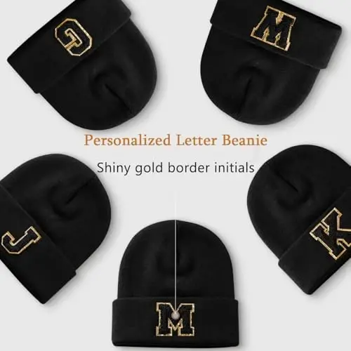 Lightbird Initial.s Beanie for Women and Teen Girls, Winter Black Beanie Hat, Personalized Gifts for Women - LIGHTBIRD