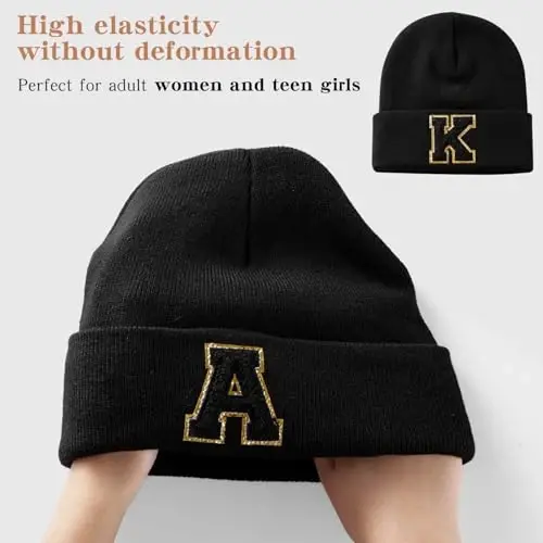 Lightbird Initial.s Beanie for Women and Teen Girls, Winter Black Beanie Hat, Personalized Gifts for Women - LIGHTBIRD (1)