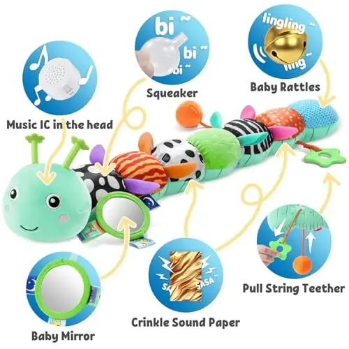 LIGHTDESIRE Baby Toys 6-12 Months Musical Caterpillar,Infant Toys Stuffed Animals with Ruler Design Mirror,Pull String,Crinkle&Rattles,Teething Toys for Tummy Time, Boy Girl Gifts 0-12 Months(Blue) - 3