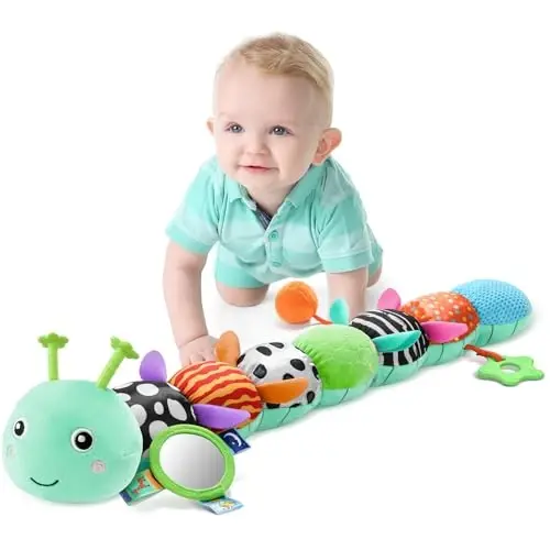LIGHTDESIRE Baby Toys 6-12 Months Musical Caterpillar,Infant Toys Stuffed Animals with Ruler Design Mirror,Pull String,Crinkle&Rattles,Teething Toys for Tummy Time, Boy Girl Gifts 0-12 Months(Blue) 