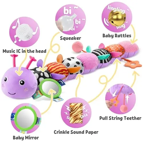 LIGHTDESIRE Baby Toys 6-12 Months Musical Caterpillar,Infant Toys Stuffed Animals with Ruler Design Mirror,Pull String,Crinkle&Rattles,Teething Toys for Tummy Time, Boy Girl Gifts 0-12 Months(Purple) - 3