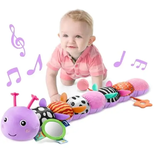 LIGHTDESIRE Baby Toys 6-12 Months Musical Caterpillar,Infant Toys Stuffed Animals with Ruler Design Mirror,Pull String,Crinkle&Rattles,Teething Toys for Tummy Time, Boy Girl Gifts 0-12 Months(Purple) - 1