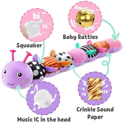 LIGHTDESIRE Baby Toys 6-12 Months Musical Caterpillar,Infant Toys Stuffed Animals with Ruler Design,Pull String,Crinkle&Rattles,Teething Toys Tummy Time Newborn Boy Girl Gifts 0-12 Months(Purple) - 3
