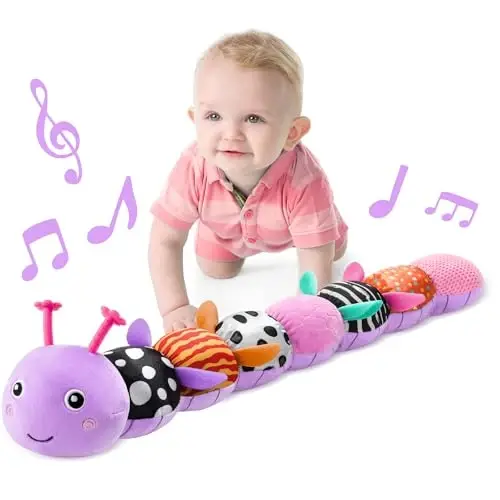 LIGHTDESIRE Baby Toys 6-12 Months Musical Caterpillar,Infant Toys Stuffed Animals with Ruler Design,Pull String,Crinkle&Rattles,Teething Toys Tummy Time Newborn Boy Girl Gifts 0-12 Months(Purple) 