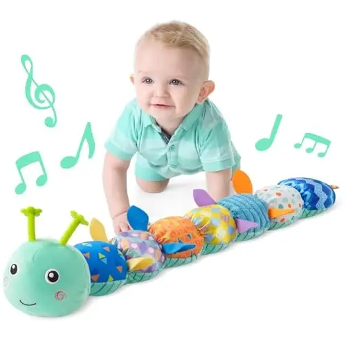 LIGHTDESIRE Baby Toys Musical Caterpillar,Infant Stuffed Animal Toy with Crinkle and Rattles,Soft Sensory Toys with Textures for Tummy Time Newborn Boys Girls 0 3 6 12 Months(Blue) 