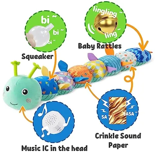 LIGHTDESIRE Baby Toys Musical Caterpillar,Infant Stuffed Animal Toy with Crinkle and Rattles,Soft Sensory Toys with Textures for Tummy Time Newborn Boys Girls 0 3 6 12 Months(Blue) - 3