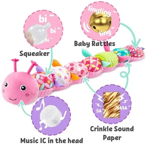 LIGHTDESIRE Baby Toys Musical Caterpillar,Infant Stuffed Animal Toy with Crinkle and Rattles,Soft Sensory Toys with Textures for Tummy Time Newborn Boys Girls 0 3 6 12 Months(Pink) - 3