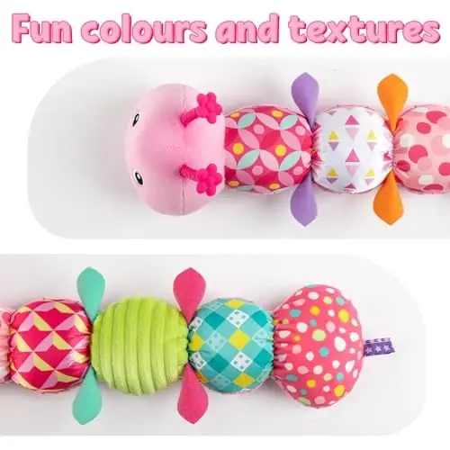 LIGHTDESIRE Baby Toys Musical Caterpillar,Infant Stuffed Animal Toy with Crinkle and Rattles,Soft Sensory Toys with Textures for Tummy Time Newborn Boys Girls 0 3 6 12 Months(Pink) - 5