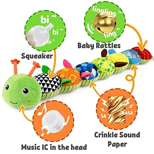 LIGHTDESIRE Baby Toys Musical Caterpillar,Infant Stuffed Animal Toys with Crinkle and Rattles,Soft Sensory Toys with Textures for Tummy Time Newborn Boys Girls 0 3 6 12 Months(Green) - 3