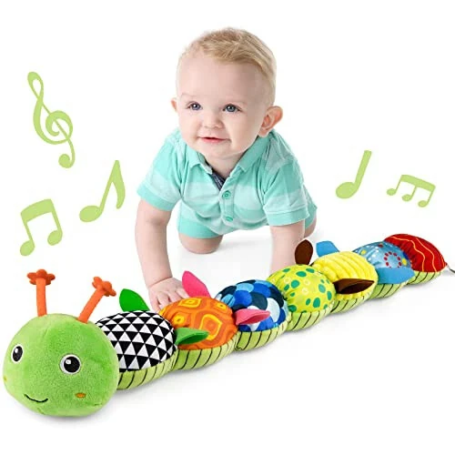 LIGHTDESIRE Baby Toys Musical Caterpillar,Infant Stuffed Animal Toys with Crinkle and Rattles,Soft Sensory Toys with Textures for Tummy Time Newborn Boys Girls 0 3 6 12 Months(Green) - MODAZONE