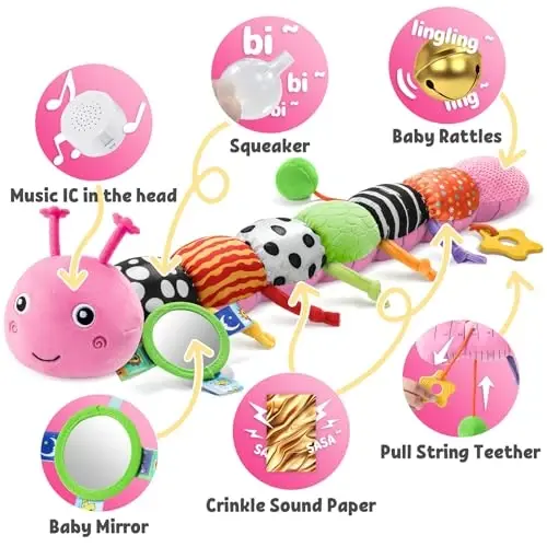 LIGHTDESIRE Baby Toys Musical Caterpillar,Infant Toys Stuffed Animals with Mirror,Ruler Design,Pull String&Rattles,Sensory Toy for Tummy Time Boy Girl Newborn Gifts 3 6 12 Months(Rose Pink,Knot Limb) - 3