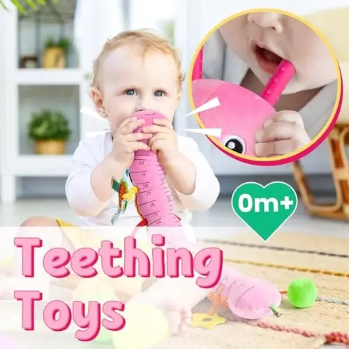 LIGHTDESIRE Baby Toys Musical Caterpillar,Infant Toys Stuffed Animals with Mirror,Ruler Design,Pull String&Rattles,Sensory Toy for Tummy Time Boy Girl Newborn Gifts 3 6 12 Months(Rose Pink,Knot Limb) - 5