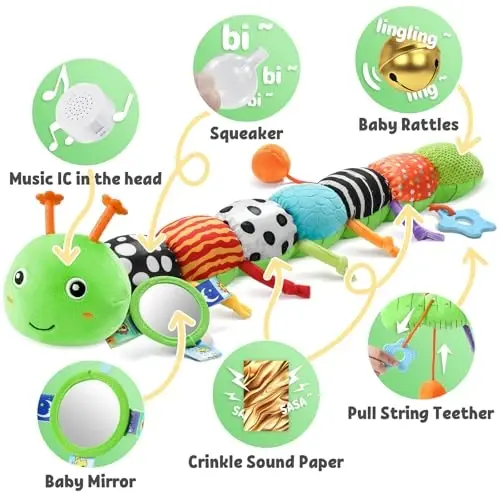 LIGHTDESIRE Baby Toys Musical Caterpillar,Infant Toys Stuffed Animals with Ruler Design,Mirror,Pull String&Ring Bell,Baby Teething Toy for Tummy Time Toy Newborn Boy Girl 3 6 12 Months(Grass Green) - 3