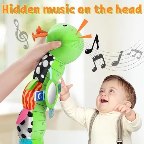 LIGHTDESIRE Baby Toys Musical Caterpillar,Infant Toys Stuffed Animals with Ruler Design,Mirror,Pull String&Ring Bell,Baby Teething Toys for Tummy Time Toy Newborn Gift 3 6 12 Months(Green,Leafy Limb) - 2