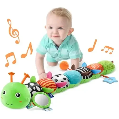 LIGHTDESIRE Baby Toys Musical Caterpillar,Infant Toys Stuffed Animals with Ruler Design,Mirror,Pull String&Ring Bell,Baby Teething Toys for Tummy Time Toy Newborn Gift 3 6 12 Months(Green,Leafy Limb) - 1