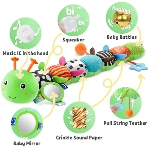 LIGHTDESIRE Baby Toys Musical Caterpillar,Infant Toys Stuffed Animals with Ruler Design,Mirror,Pull String&Ring Bell,Baby Teething Toys for Tummy Time Toy Newborn Gift 3 6 12 Months(Green,Leafy Limb) - 3