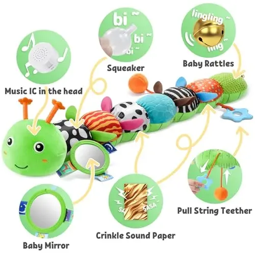 LIGHTDESIRE Baby Toys Musical Caterpillar,Infant Toys Stuffed Animals with Ruler Design,Mirror,Pull String&Ring Bell,Baby Teething Toys for Tummy Time Toy Newborn Gift 3 6 12 Months(Green,Leafy Limb) - 3
