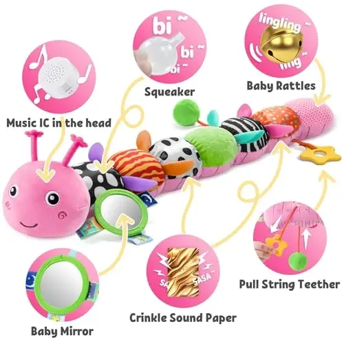 LIGHTDESIRE Baby Toys Musical Caterpillar,Infant Toys Stuffed Animals with Ruler Design,Mirror,Pull String&Ring Bell,Baby Teething Toys for Tummy Time Toy Newborn Gifts 3 6 12 Months(Pink,Leafy Limb) - 3