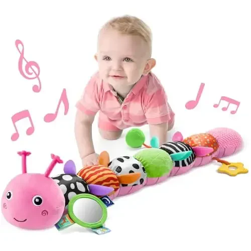 LIGHTDESIRE Baby Toys Musical Caterpillar,Infant Toys Stuffed Animals with Ruler Design,Mirror,Pull String&Ring Bell,Baby Teething Toys for Tummy Time Toy Newborn Gifts 3 6 12 Months(Pink,Leafy Limb) - LIGHTDESIRE