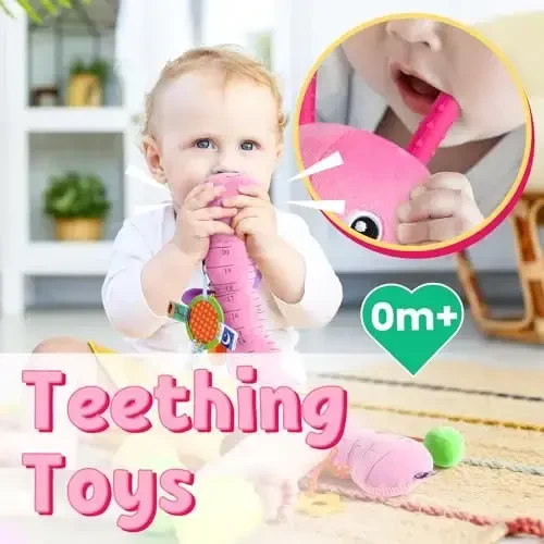 LIGHTDESIRE Baby Toys Musical Caterpillar,Infant Toys Stuffed Animals with Ruler Design,Mirror,Pull String&Ring Bell,Baby Teething Toys for Tummy Time Toy Newborn Gifts 3 6 12 Months(Pink,Leafy Limb) - 5