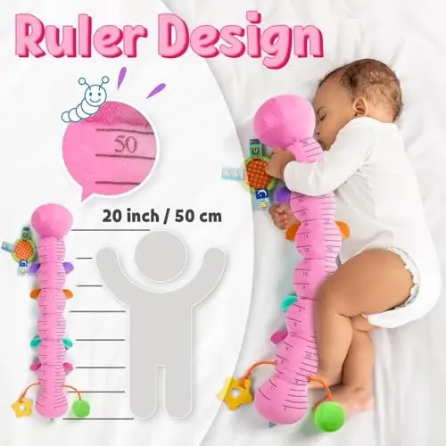 LIGHTDESIRE Baby Toys Musical Caterpillar,Infant Toys Stuffed Animals with Ruler Design,Mirror,Pull String&Ring Bell,Baby Teething Toys for Tummy Time Toy Newborn Gifts 3 6 12 Months(Pink,Leafy Limb) - 4