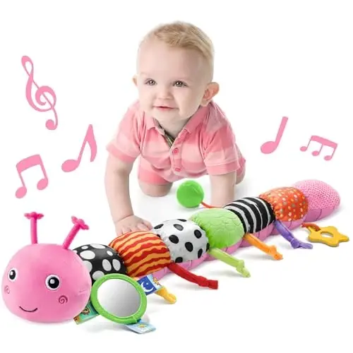 LIGHTDESIRE Baby Toys Musical Caterpillar,Infant Toys Stuffed Animals with Mirror,Ruler Design,Pull String&Rattles,Sensory Toy for Tummy Time Boy Girl Newborn Gifts 3 6 12 Months(Rose Pink,Knot Limb) - 1