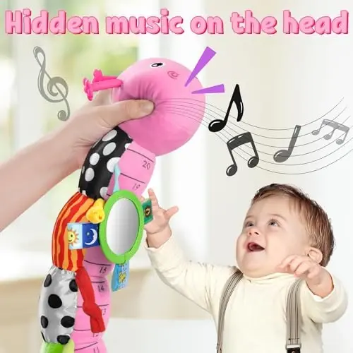 LIGHTDESIRE Baby Toys Musical Caterpillar,Infant Toys Stuffed Animals with Mirror,Ruler Design,Pull String&Rattles,Sensory Toy for Tummy Time Boy Girl Newborn Gifts 3 6 12 Months(Rose Pink,Knot Limb) - 2