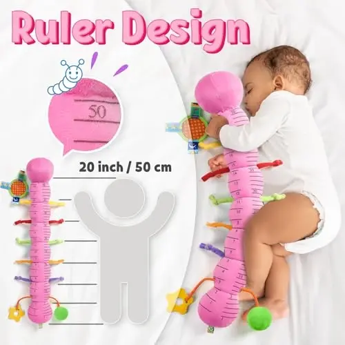 LIGHTDESIRE Baby Toys Musical Caterpillar,Infant Toys Stuffed Animals with Mirror,Ruler Design,Pull String&Rattles,Sensory Toy for Tummy Time Boy Girl Newborn Gifts 3 6 12 Months(Rose Pink,Knot Limb) - 4