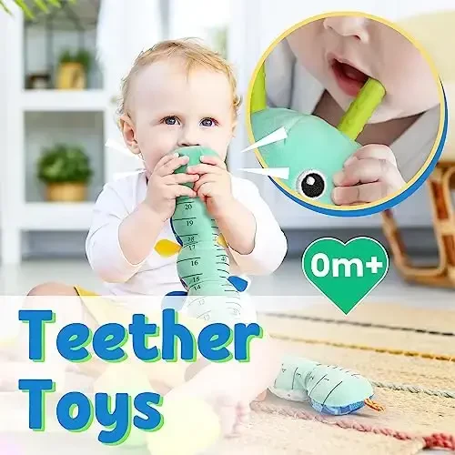 LIGHTDESIRE Baby Toys Musical Caterpillar,Infant Stuffed Animal Toy with Crinkle and Rattles,Soft Sensory Toys with Textures for Tummy Time Newborn Boys Girls 0 3 6 12 Months(Blue) - 6