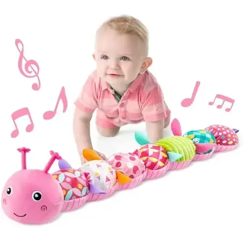 LIGHTDESIRE Baby Toys Musical Caterpillar,Infant Stuffed Animal Toy with Crinkle and Rattles,Soft Sensory Toys with Textures for Tummy Time Newborn Boys Girls 0 3 6 12 Months(Pink) 