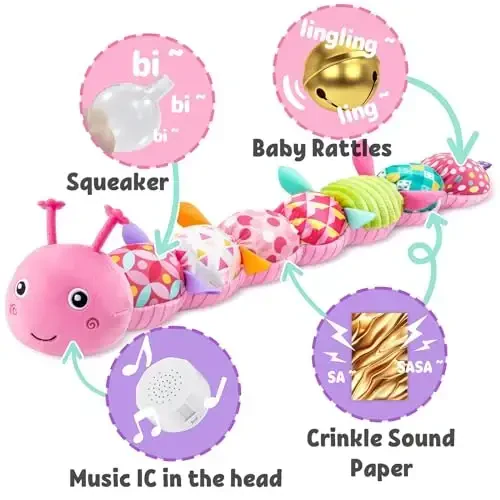 LIGHTDESIRE Baby Toys Musical Caterpillar,Infant Stuffed Animal Toy with Crinkle and Rattles,Soft Sensory Toys with Textures for Tummy Time Newborn Boys Girls 0 3 6 12 Months(Pink) - 3