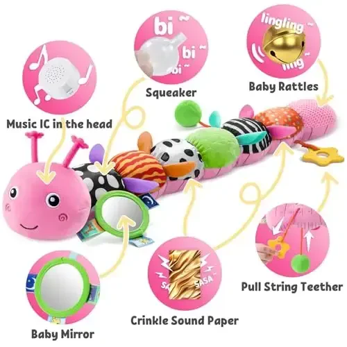 LIGHTDESIRE Baby Toys Musical Caterpillar,Infant Toys Stuffed Animals with Ruler Design,Mirror,Pull String&Ring Bell,Baby Teething Toys for Tummy Time Toy Newborn Gifts 3 6 12 Months(Pink,Leafy Limb) - 3