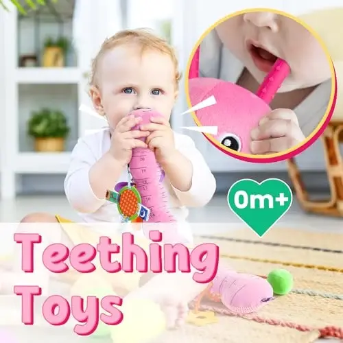 LIGHTDESIRE Chaqaloq o'yinchoqlari Musiqali tırtıl, Chaqaloq o'yinchoqlari O'lchovli dizaynli yumshoq hayvonlar, Oyna, Tortish ipi va qo'ng'iroq, Qorin vaqti uchun chaqaloq tishlash o'yinchoqlari Yangi tug'ilgan chaqaloq sovg'alari 3 6 12 oy (Pushti, Bargli oyoq) - 5