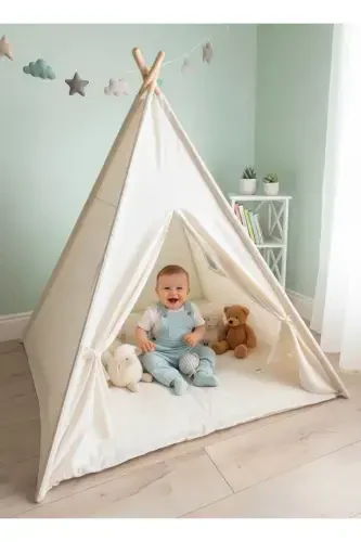 Lighted Children's Play Tent Teepee Playhouse with Cushion and Pillow Beige - 5