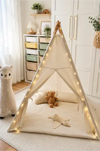 Lighted Children's Play Tent Teepee Playhouse with Cushion and Pillow Beige 