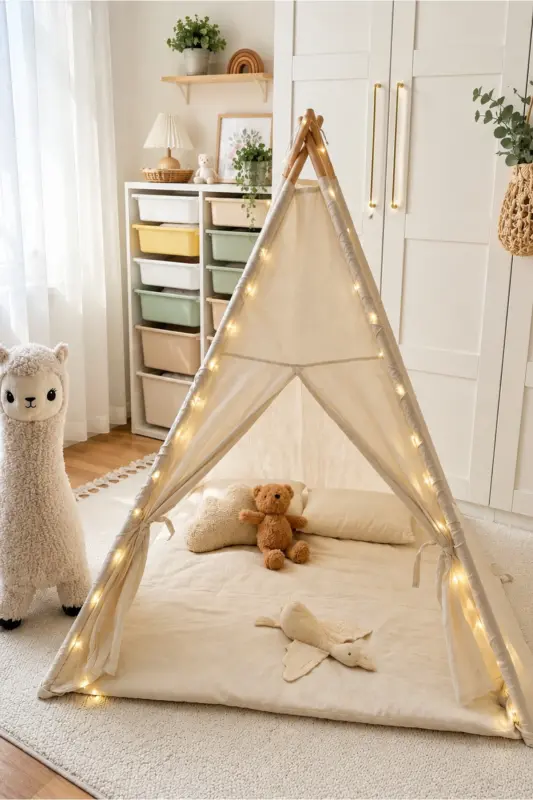 Lighted Children's Play Tent Teepee Playhouse with Cushion and Pillow Beige - 1
