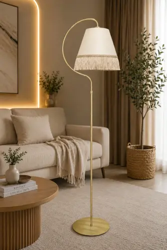 Lighting Floor Lamp Çise Cream Yellow Patina Lampshade Cream Hat Yellow Tassel - 1