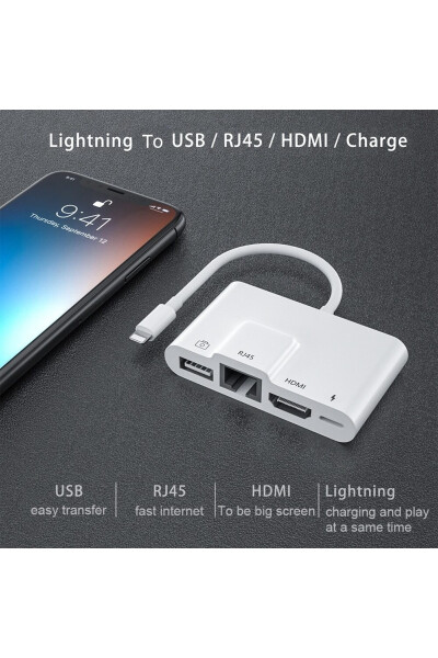 Lightning iPad Tablet iPhone HDMI USB RJ45 Dönüştürücü Görüntü Aktarıcı ve Youtube Yayıncı 4'ü 1 Arada - 8